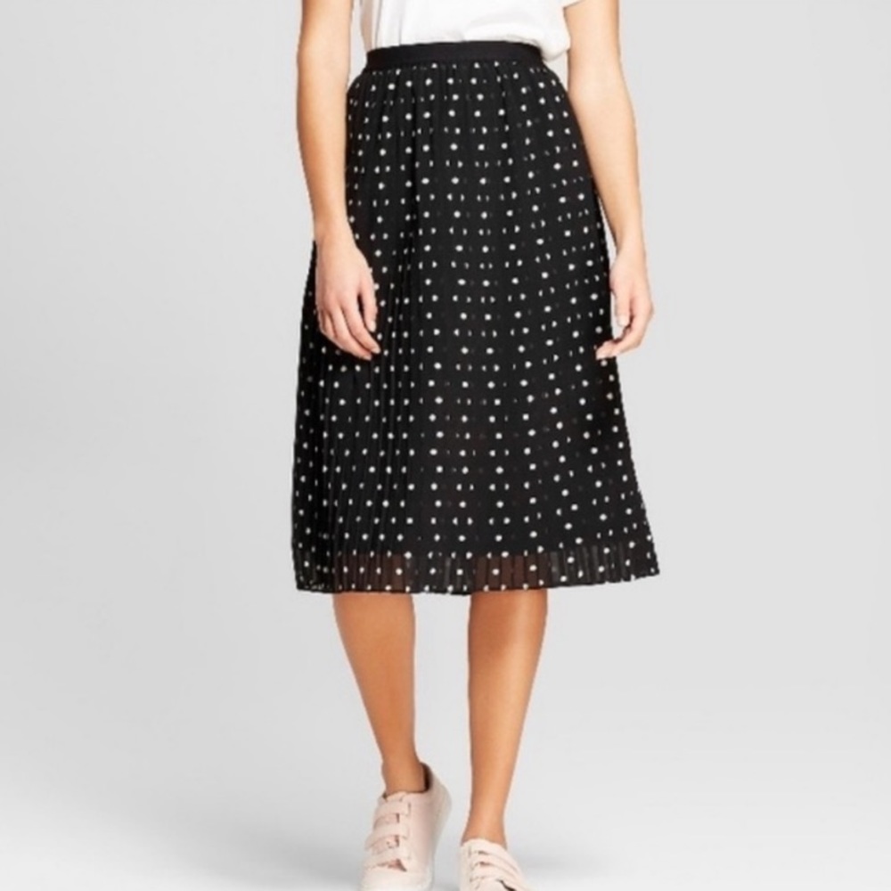 Tahari Black Polka Dot Midi Skirt Pleated Lined 4
